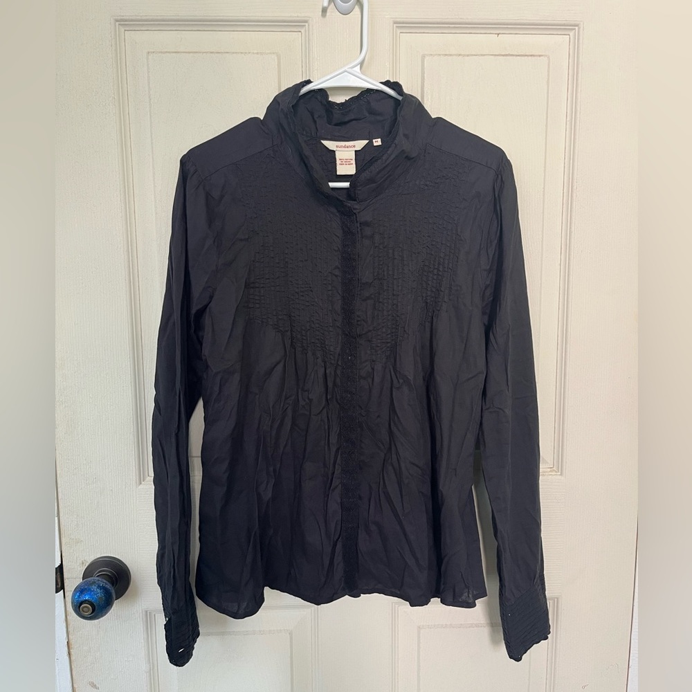 Sundance Black Long Sleeve Button Pleated Flowy Top Medium Boho